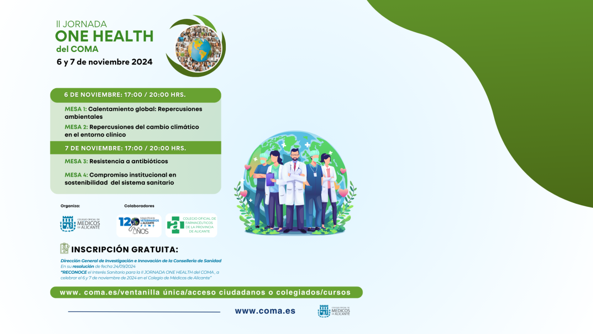 El Colegio de Médicos de Alicante avanza en su firme compromiso contra el Cambio Climático y organiza la II Jornada One Health del COMA que se celebrará los días 6 y 7 de noviembre en formato online y presencial.